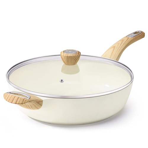 SENSARTE Ceramic Nonstick Frying Pan Skillet with Lid, 13.3 Inch Large Deep Frying Pan, 6 QT Saute Pan, Induction Pan, Healthy Non Toxic Cooking Pan with Helper Handle, PFOA PFAS PTFE Free - color: Ceramic White, size: 6QT / 13.3IN