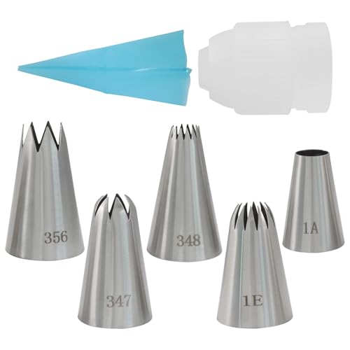 5 Pcs Piping Tip Set 1A 1E 348 347 356, Coupler Pastry Bag - size: Large 1A+1E+348+347+356