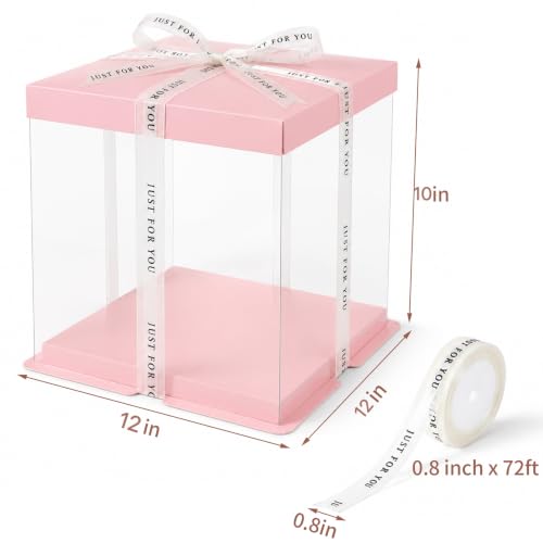 12x12x10inch 8Pcs Tall Cake Boxes Clear Display Gift Boxes with Ribbon,Lid for 10" and 11" Inch Tall Layer Tiered Cakes and Bakery Display Birthday Wedding Party. (Pink, 12*12*10inch/8pcs) - color: Pink, size: 12*12*10 inch/8 pcs