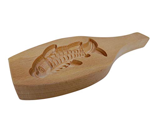 Needzo Traditional Wooden Moon Cake Mold, Gold Fish Shape For Biscuits, Muffins, Mid-Autumn Festival, 9 Inch