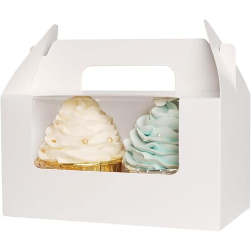 qiqee 100 Packs Cupcake Box Two Holder 6.5x3.6x3.5inch(2.2" Top) White 2 Cupcake Boxes With Window（100 Boxes+100 Inserts） - color: White, size: 100Pcs, Two Holder