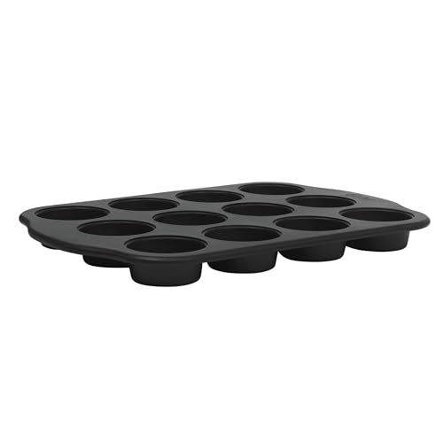 Oster Teston 12-Cup Muffin Pan, Nonstick Carbon Steel Cupcake Baking Tray, Matte Black, PFAS-Free, Easy Release, Oven-Safe Bakeware - color: Matte Black, size: 12-Cup Muffin Pan