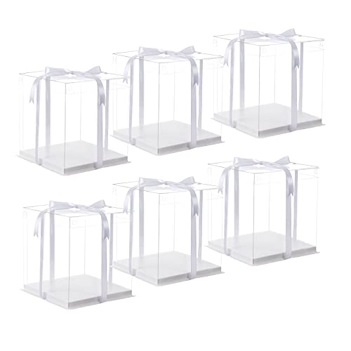 XININSUN 6Pcs clear cake Box with Ribbon, 8 X 8 X 9inch tall cake box,8inch Bakery Take Out Transport Containers Clear Gift Boxes for Wedding, Birthday, Party - color: white-8x8x9inch-6Pcs