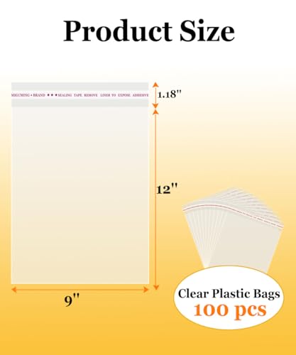 100 Pcs Cellophane Bags 9x12 Inch,Self-Sealing,Clear Plastic Bags for Packaging,Clothing & T-Shirts,Pants,Foods,Candle,Flyers and Gifts - size: 9" x 12" | 100 pcs