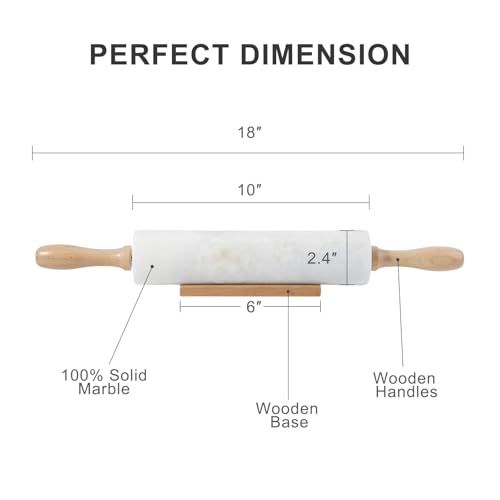 Koville White Marble Rolling Pin With Wooden Handles & Wood Cradle, 18 Inch Polished Marble Rolling Pins For Making Pizza Dough, Dough Roller For Pie Crust, Cookie, Pasta, Ergonomic Handles - color: Namib Fantasy White