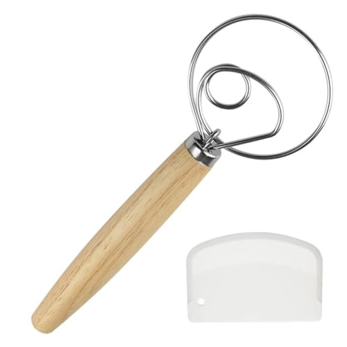 Danish Dough Whisk with Dough Scraper Dutch Bread Whisk Bread Mixer 10" Stainless Steel Dutch Bread Dough Whisk with Wooden Handle Dutch Whisk Baking Tools for Sourdough, Pizza, Pastry, Cake
