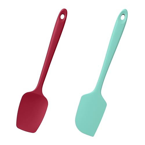Doosu 600°F Heat Resistant Silicone Spatula Spoonula, 2‑Piece, Aqua+Red - color: Aqua+Red, size: Flat & Spoon Spatulas