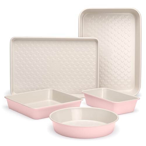 Paris Hilton 5-Piece Baking Pans Set, Nonstick Heart Pattern Bakeware Set with Heavy Duty Carbon Steel, Includes Square Pan, Round Pan, Loaf Pan, Roasting Pan & Cookie Sheet, 5-Piece, Pink - size: 5-Piece