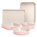 Paris Hilton 5-Piece Baking Pans Set, Nonstick Heart Pattern Bakeware Set with Heavy Duty Carbon Steel, Includes Square Pan, Round Pan, Loaf Pan, Roasting Pan & Cookie Sheet, 5-Piece, Pink - size: 5-Piece