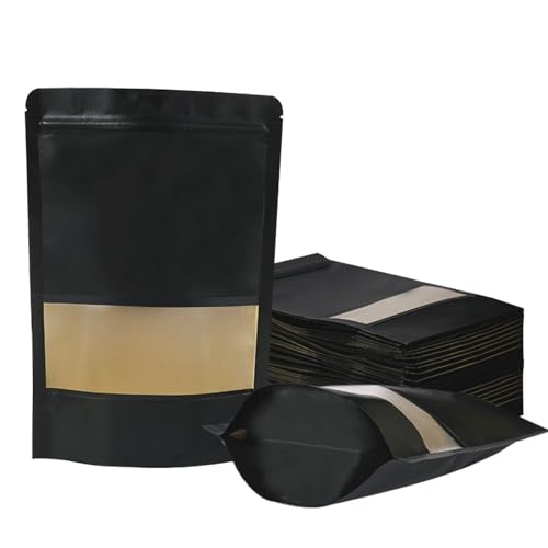 100 PCS Resealable Bags, Stand Up Kraft Paper Bags with Matte Window, Zipper Lock Food Storage Bags for Small Business and Home, 7.8x11.8 Inch Reusable Sealable Bags for Packaging - Black - color: Black,7.87*11.81 inches