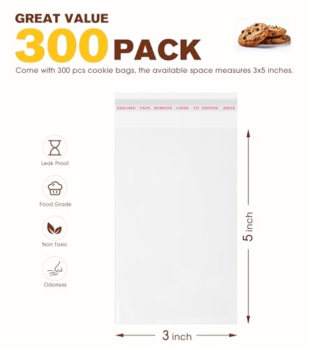 300 Pcs Clear Self Sealing Cellophane Bags, 3x5 Inches Cookie Bags Resealable Cellophane Bag for Packaging Cookies, Candy, Gifts, Favors and Products, 3 Mils Individual Self Adhesive Wrappers - size: 3x5 Inch (Pack of 300)
