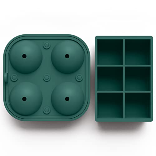 Silicone Ice Cube Trays, 2 Inch Square Ice Molds & Sphere Combo, BPA Free - color: Large 6+4 (Green)