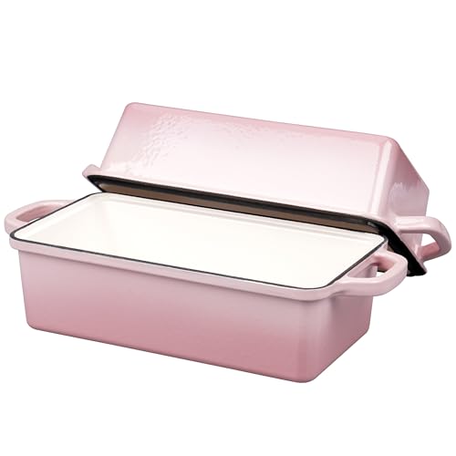 VORRINGARD Enameled Cast Iron Loaf Pan with Lid, Double Bread pan, Bread Dutch Oven for Sourdough Bread Baking, Cake, Meatloaf, 10X5.5 inch, 4 Quart, Pink - color: Pink