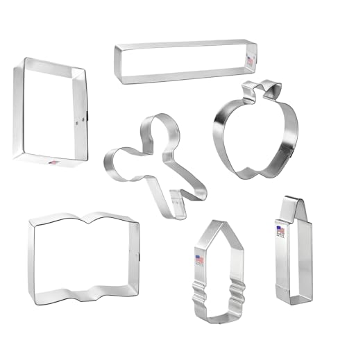 Foose Brand Back To School Teacher Appreciation Cookie Cutter 7 Pc Set –School Book, Ruler, Crayon, Scissors, Rectangle, apple, and pencil Cookie Cutters Hand Made in the USA from Tin Plated Steel