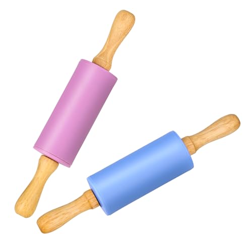 Mini Silicone Rolling Pin for Kids, Non-stick Surface Wood Handle, 9 Inch 2 Pack - color: Blue-Purple, size: 2 PACK