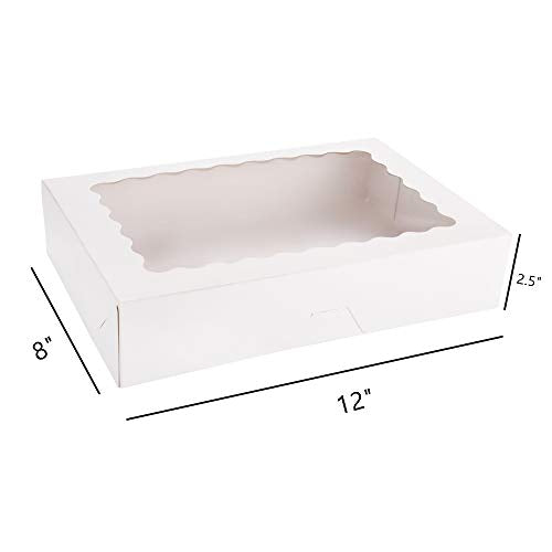 Tcoivs 20-Pack Bakery Boxes with Window, 12" x 8" x 2.5", Large White Cookie Boxes, Auto-Popup Treat Boxes for Pies, Cakes, Muffins, Donuts and Pastries