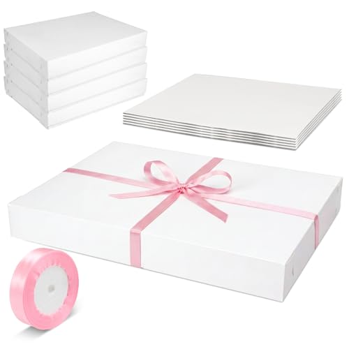 5 Set Full Sheet Cake Box 26 x 18 x 4 Inch with Cake Boards and Pink Satin Ribbon Large Rectangle Bakery White Bakery Boxes for Packaging Cupcakes Muffins Pie