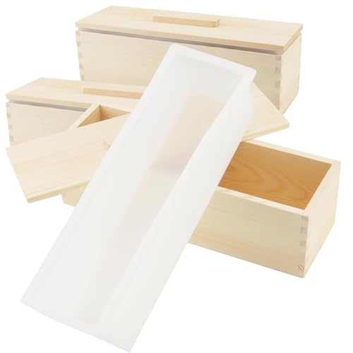 3PCS 47oz Silicone Soap Making Kit, White Rectangular Silicone Loaf Mold with 3 Wooden Boxes and 3 Lids, DIY Soap Making Supplies for Adults - color: White