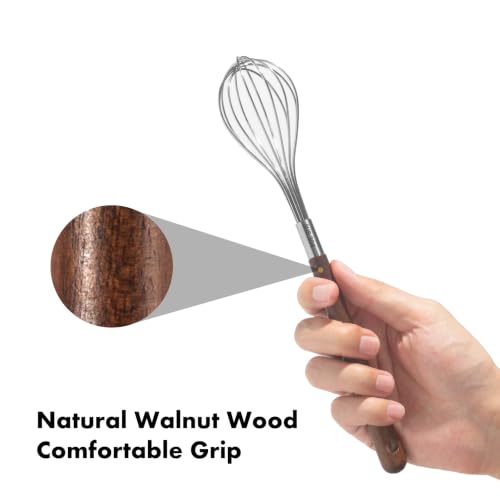 OYV Mini Whisk 10 Inch, 304 Stainless Steel Small Whisk with Walnut Handle - color: Walnut Brown