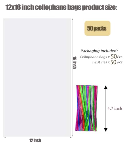 50 pcs Clear 12" x 16"(W:30.5XL:40.6cm) Flat Cello Cellophane Bags Poly Treat Bags 2.8 mils for Gift Wrapping, Bakery, Cookie, Candies, Toast, Dessert, Party Favors Packaging with Color Twist Ties - size: 12x16 Inch (Pack of 50)