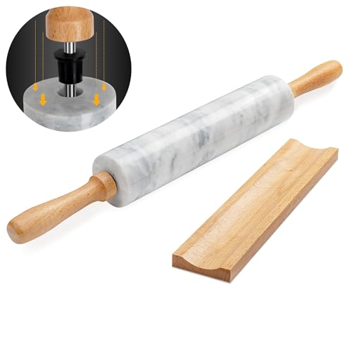 16.7 Inches Marble Rolling Pin for Baking with Wooden Handles & Wooden Cradle - Rolling Pin for making Pizza Dough & Tortillas, Dough Roller for Pasta, Cookie, Pie Crust and More!