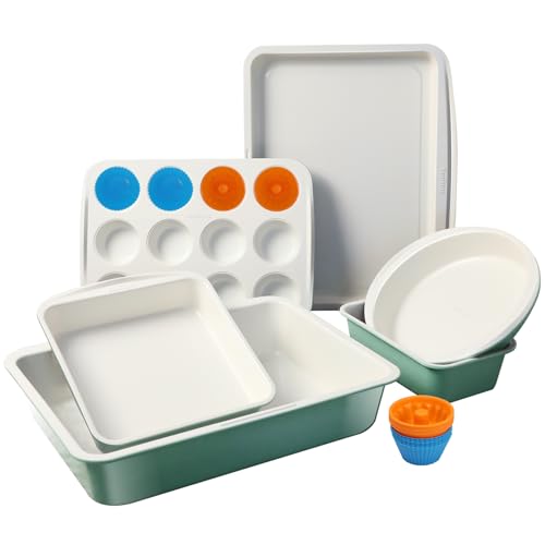 Ceramic Nonstick Baking Pans Set, Non Toxic 30 PCS Stackable Bakeware Sets, 550°F Oven Safe Baking Sheet & Pans, Warp-Free, Dishwasher Safe, PTFE/PFOA/PFOS-Free (Green) - color: Green, size: 30 PCS