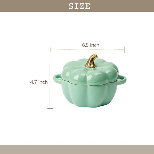 Pumpkin Bowl Set with Lid and Handle, Set of 2 Ceramic Ramekins for Baking, Casserole Dish Individual Severing Pot, Stoneware, Oven Safe, 14 Oz (Green) - color: Green
