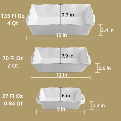 Sweejar Casserole Dishes for Oven, Ceramic Bakeware Set of 3, Rectangular Baking dish with Handles, Wave Edge Lasagna Pan Deep for Cooking, Cake, Dinner, Banquet and Daily Use (White) - color: White New, style: Baking dish(Set of 3)