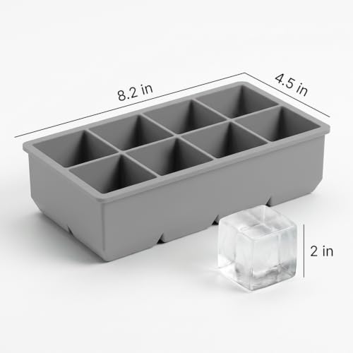 Ice Cube Molds, 2 Pack Silicone Trays for 8 Large Square Cubes - color: 2" Cube (Gray)