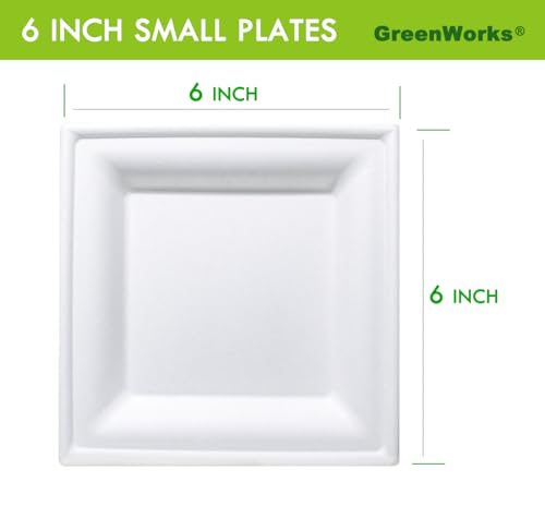 GreenWorks 100 Count 6 Inch Small Square Compostable plates, Heavy Duty Bagasse and Bamboo Fiber Plates - size: 6 Inch