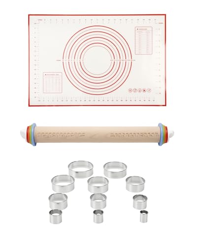 16.7" Wood Rolling Pin with Adjustable Thickness Rings Set - color: Wooden, 16.7", Set 2