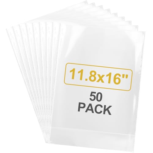 50Pcs Clear Cellophane Bags, with Twist Ties, Flat Bottom - size: 11.8x16 Inch (Pack of 50)