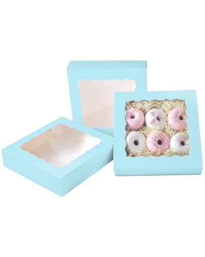qiqee Auto-pop Up Light Blue Pie Boxes with Window 10x10x2.5 inch 30Packs Cookie Donut Bakery Box - color: Light Blue, size: 10"x10"x2.5"/30 Pcs