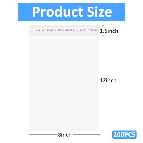 JOYIT 200PCS 8x12 Cellophane Bags, Clear Self Seal Bags for Packaging - size: 8in*12in