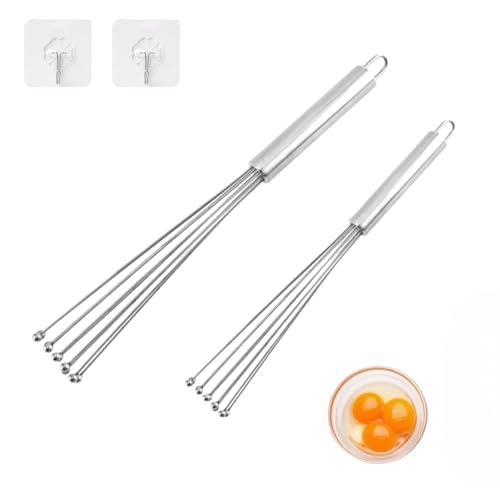 2 Pieces Stainless Steel Ball Whisk Wire Egg Whisk Set and 2 Hooks Kitchen Whisks for Cooking, Blending, Beating, Whisking, Stirring (12" and 10")
