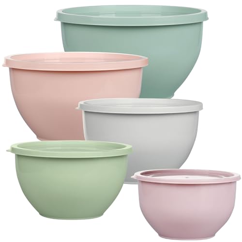 Greentainer Plastic Mixing Bowls with Lids Set for Kitchen, 5 Set Nesting Bowls for Mixing, Baking, Prepping, Cooking and Serving Food, Mixing Bowls Dishwasher, Microwave Safe - color: Pink
