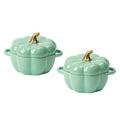 Pumpkin Bowl Set with Lid and Handle, Set of 2 Ceramic Ramekins for Baking, Casserole Dish Individual Severing Pot, Stoneware, Oven Safe, 14 Oz (Green) - color: Green