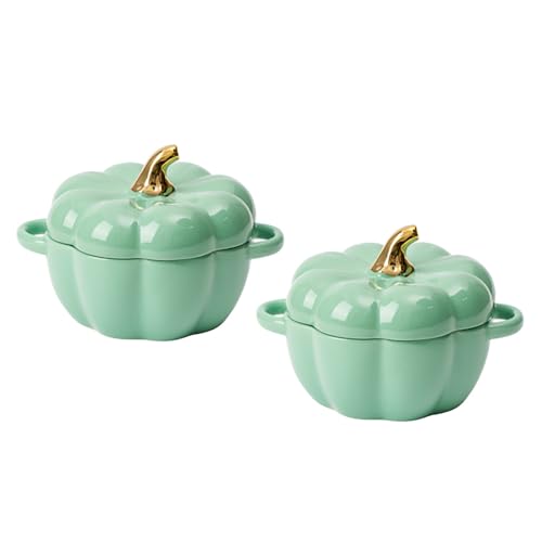 Pumpkin Bowl Set with Lid and Handle, Set of 2 Ceramic Ramekins for Baking, Casserole Dish Individual Severing Pot, Stoneware, Oven Safe, 14 Oz (Green) - color: Green