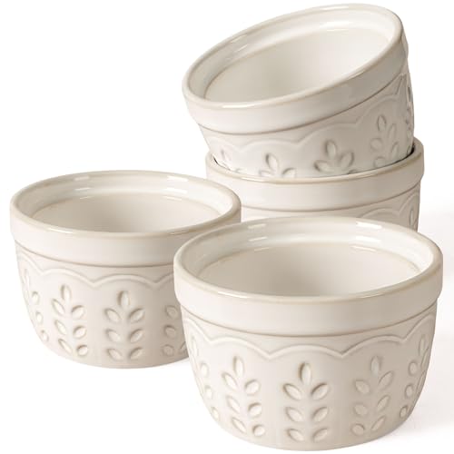 Artena Ramekins Oven Safe, Creme Brulee Ramekins, Embossed White Ceramic Souffle Pudding Custard Cups, Baking Dish, Dipping Bowls, Sauce Cups, Set Of 4 (8 oz, Wheat Leaf) - size: 4 inch (Wheat Leaf, White)
