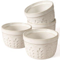 Artena Ramekins Oven Safe, Creme Brulee Ramekins, Embossed White Ceramic Souffle Pudding Custard Cups, Baking Dish, Dipping Bowls, Sauce Cups, Set Of 4 (8 oz, Wheat Leaf) - size: 4 inch (Wheat Leaf, White)