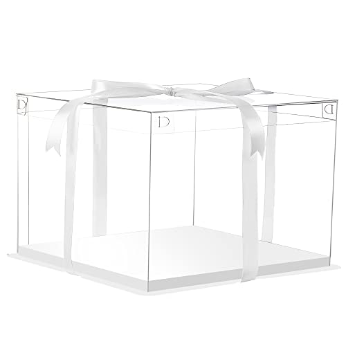 12X12X7inch Clear cake Boxes,Cake Carrier,Disposable Cake Containers, Large Cake box with Ribbon, Ideal for Large 10and 12Inch Cake carry,transparent cake box for birthday Party wedding -White - color: white-12x12x7inch-6Pcs