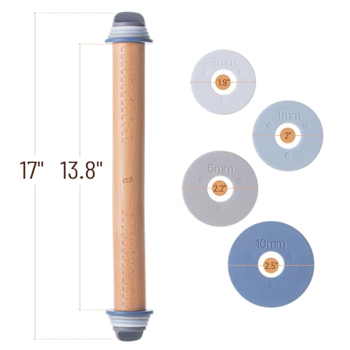 Adjustable Rolling Pin with Thickness Rings, 13.8", 4 Rings - color: Pastel