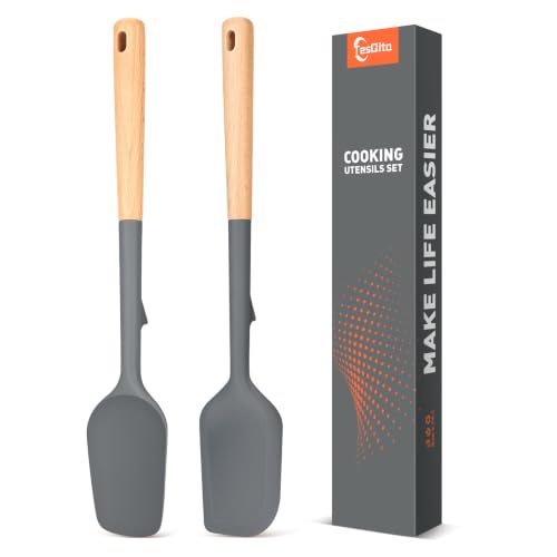 Large Silicone Rubber Spatula Scrapers 14" with Long Wood Handle, 2 Pack - color: Gray