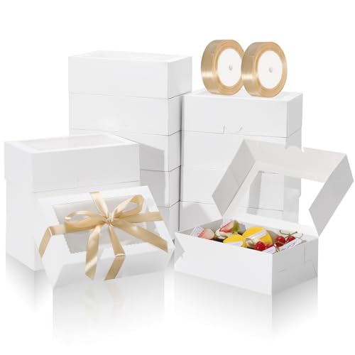 COTOPHER 30Pcs Cookie Boxes with Ribbons, 9x6x3 Inch White Bakery Boxes - color: White