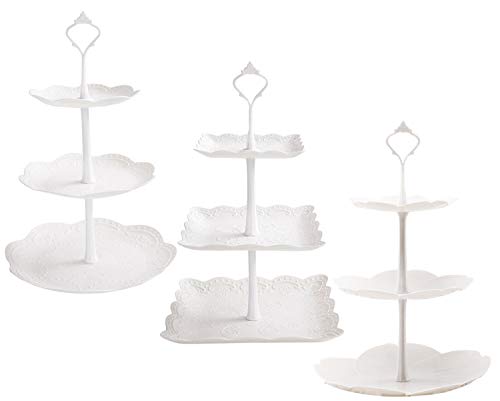 Tosnail 3 Pack 3 Tiers White Plastic Cupcake Stand Dessert Stand Tiered Serving Trays - Round, Square, Flower - color: White