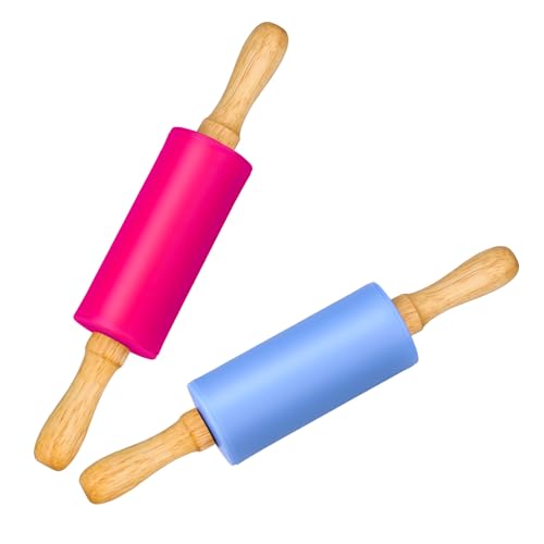 Mini Silicone Rolling Pin for Kids, Non-stick Surface Wood Handle, 9 Inch 2 Pack - color: Blue-Rose Red, size: 2 PACK