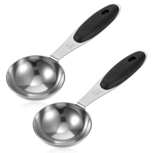 2Pcs 1Tablespoon Measuring Spoons, Stainless Steel Tablespoon Measure Scoop with Black Silicone Grip Measuring Scoop Dishwasher Safe for Coffee Pet Food Grains Protein Spices (3tsp, 15ml, 1/2oz) - color: Black