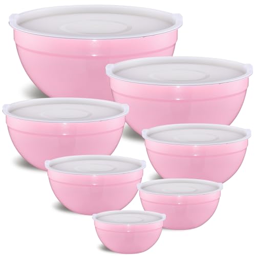 Pink Mixing Bowls with Airtight Lids, Stainless Steel Nesting Mixing Bowls Set of 7, Ideal for Baking, Prepping and Serving Food, Size 7, 3.6, 2.7, 2.1, 1.5, 1.1,0.8 QT, Stackable Design - color: Pink, size: 7 Pieces