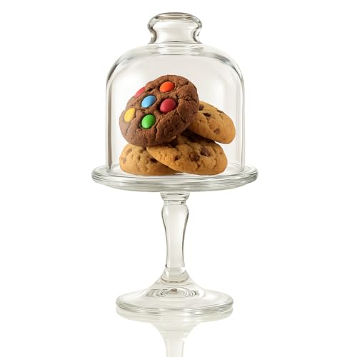 Mini Glass Cake Stand with Dome Lid – Small Pedestal Dessert Stand with Cover, Clear Glass Cupcake & Cookie Display (7x3x3 inches)