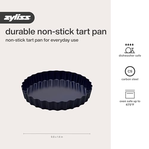 Zyliss E980197 Non-Stick Loose Base Tart Tin | 25cm/10in | Carbon Steel | Dark Blue | Cake Tin/Baking Tin/Bakeware/Cake Mould | Dishwasher Safe | 5 Year Guarantee - style: Loose Base Tart Tin